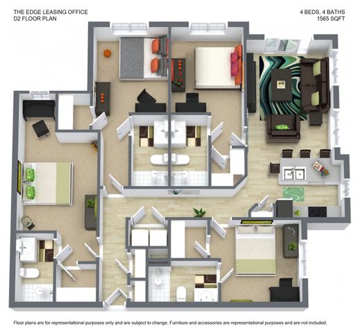 Elegant D2 floor plan showcasing 4 bedrooms, 4 baths, and an inviting open-concept living and kitchen area, spanning 1565 sq ft.