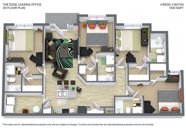 Vibrant floor plan at The Edge Leasing Office showcasing 4 bedrooms, 4 bathrooms, a stylish open living area, and a modern kitchen, within 1530 sqft of space.