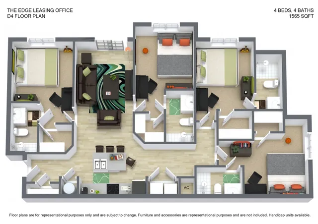 Modern apartment floor plan featuring 4 bedrooms, 4 baths, and an open-concept living area in 1565 sq ft with stylish furnishings.
