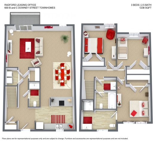 Modern 3-bedroom townhome floor plan featuring 2.5 baths, open living space, and stylish kitchen, totaling 1238 sq ft.