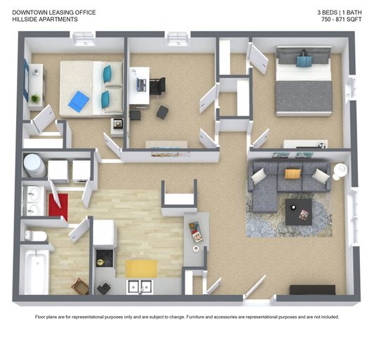 Charming Hillside Apartments floor plan featuring 3 bedrooms, stylish living area, modern kitchen, and cozy bathroom, ideal for comfortable urban living.