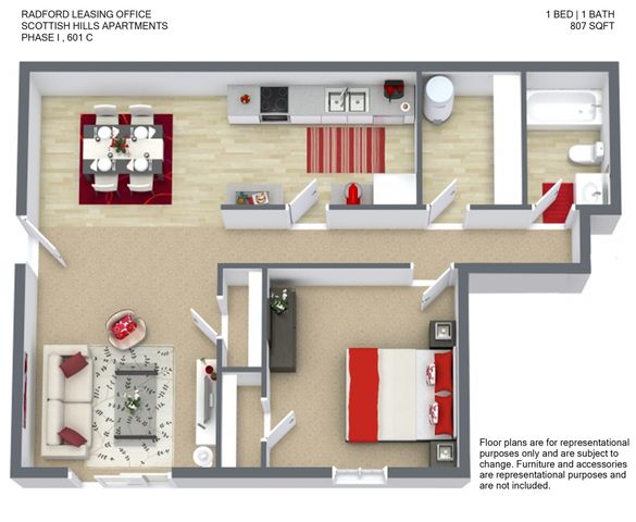 Modern 3D apartment floor plan of Scottish Hills Apartments featuring 1 bedroom, spacious living area, and well-equipped kitchen, totaling 807 sq ft.