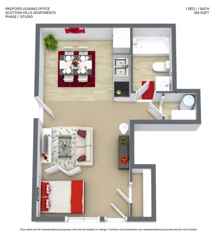Charming 3D studio apartment floor plan featuring 1 bedroom, a cozy living area, modern kitchen, and elegant bath, totaling 394 sqft in Scottish Hills Apartments.