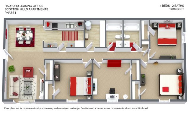 Spacious 4-bedroom apartment floor plan featuring 2 modern bathrooms, an elegant dining area, and an open living space, totaling 1280 sq ft in Scottish Hills Apartments.