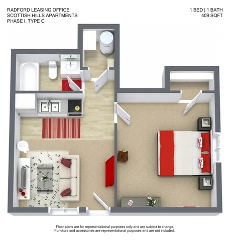 Modern 3D floor plan of Scottish Hills Apartments, featuring 1 bedroom, a cozy living room, and a stylish kitchen, perfect for comfortable living in 409 sq ft.