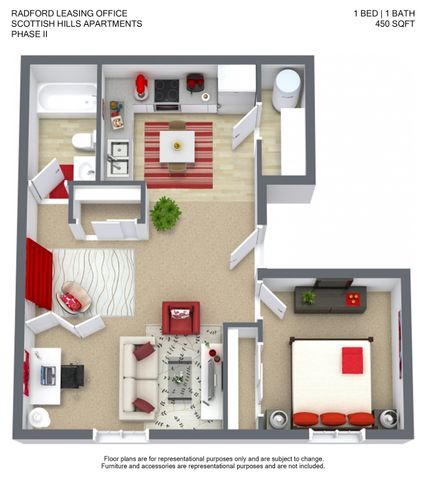 Modern floor plan for Scottish Hills Apartments Phase II showcasing a stylish 1-bedroom, 1-bathroom unit with open-concept living area, cozy kitchen, and vibrant decor. Total area is 450 sqft.