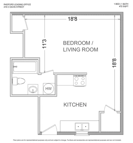 Efficient 1-bedroom, 1-bath floor plan featuring a combined living room and bedroom space, modern kitchen, and bathroom in a compact 472 sq ft design at Radford Leasing Office, 416 C Davis Street.