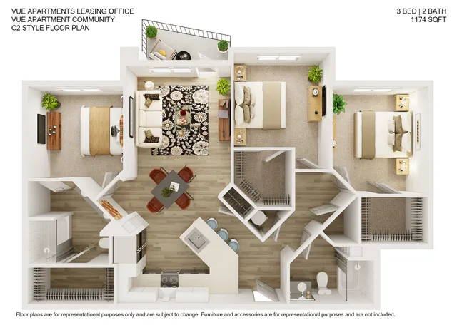 Vue Apartment Community C2 Style floor plan showcasing 3 bedrooms, 2 bathrooms, and a spacious open-concept living area with modern kitchen and cozy dining space, totaling 1174 sq ft.