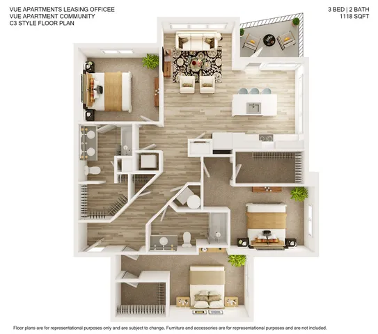 Vue Apartments C3 style floor plan showcasing a spacious 1118 sq ft layout with 3 elegant bedrooms, 2 modern bathrooms, an open-concept living and dining area, and a sleek kitchen, perfect for comfortable urban living.