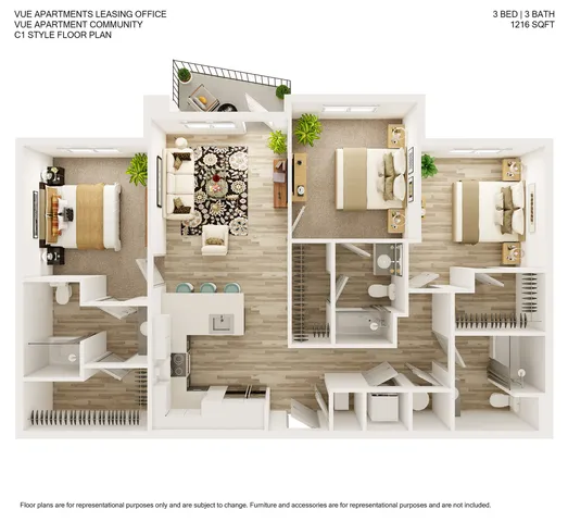 Stylish C1 style floor plan of Vue Apartments showcasing 3 bedrooms, 3 baths, a spacious open-concept living area, and a modern kitchen, totaling 1216 sq ft.