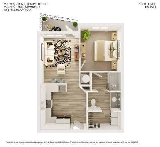 Modern 1-bedroom apartment floor plan featuring an open living area, sleek kitchen, and elegant bathroom, spanning 593 sq ft.