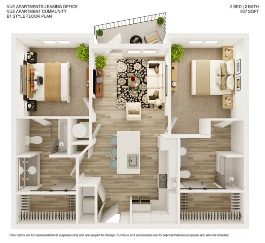 Modern B1 style floor plan of Vue Apartment Community showcasing 2 spacious bedrooms, an inviting open-concept living area, and a sleek kitchen, perfect for comfortable living in 937 sq ft.