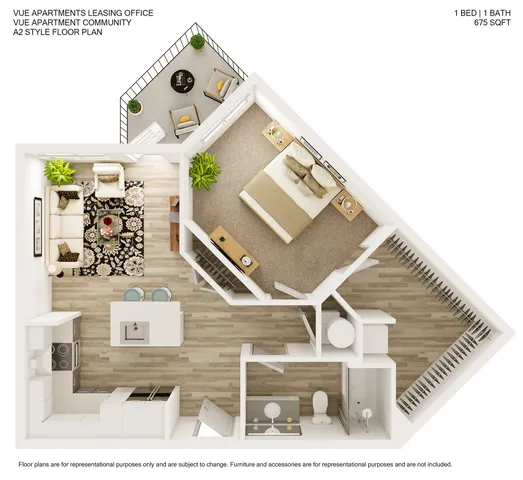 Contemporary A2 style floor plan featuring 1 bedroom, 1 bath, and an open living area complete with a modern kitchen and a cozy balcony, 675 sq ft.