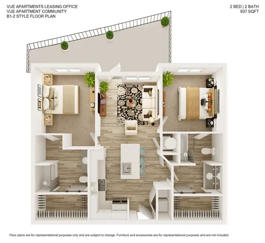 Charming 2D floor plan of Vue Apartments, featuring 2 cozy bedrooms, 2 modern bathrooms, an open-concept living and dining area, and a stylish kitchen in 937 sq ft.