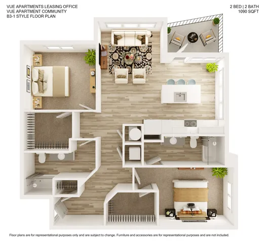 Vue Apartments B3-1 floor plan showcasing a contemporary 2 bed, 2 bath design with open-concept living area, sleek kitchen island, and private balcony, totaling 1090 sqft.
