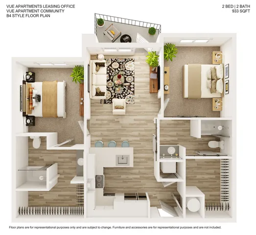 Modern 3D floor plan for Vue Apartments showcasing 2 bedrooms, 2 bathrooms, a stylish open-concept living area, and a contemporary kitchen, spanning 933 sqft.