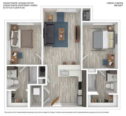 Modern B1 style floor plan featuring 2 bedrooms and 2 bathrooms at Cedar Pointe. Includes an open living area, sleek kitchen with countertop seating, and spacious layout at 848 sq ft.