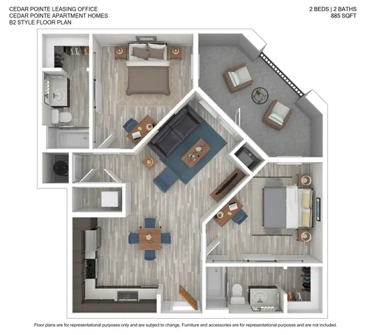 Cedar Pointe B2 style floor plan showcasing 2 spacious bedrooms, 2 modern bathrooms, an inviting open-concept living area, and a sleek kitchen across 885 sq ft. Includes a charming balcony for relaxation.