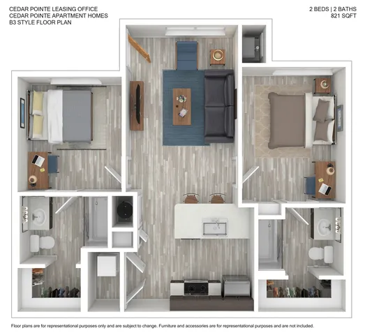 Cedar Pointe Apartment Homes 821 sqft floor plan showcasing 2 bedrooms, 2 modern baths, a sleek kitchen with island seating, and an inviting open living area.