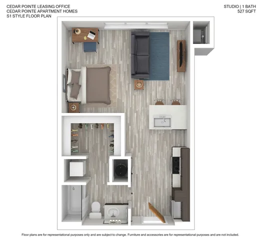 Efficient studio floor plan with open living area, cozy bedroom space, modern kitchen, and spacious walk-in closet, covering 527 sq ft.