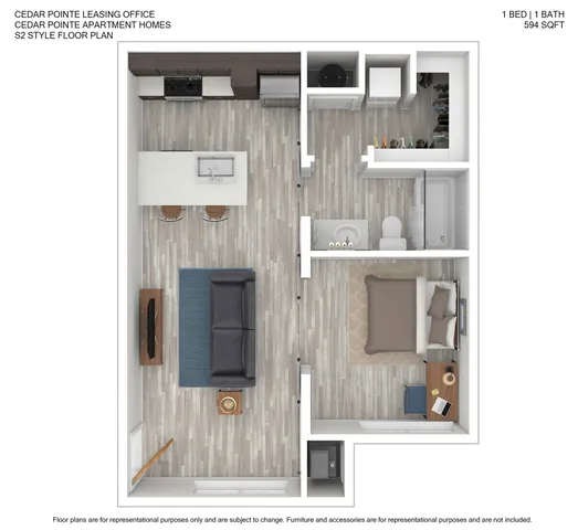 Modern 594 sq ft S2 style floor plan featuring 1 bedroom, 1 bathroom, and an open-concept living area with a stylish kitchen at Cedar Pointe Apartments.