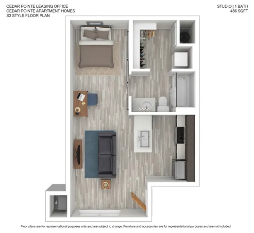 Modern studio apartment floor plan at Cedar Pointe featuring an open-concept living area, cozy bedroom space, efficient kitchen, and contemporary bathroom, all within 486 sq ft.