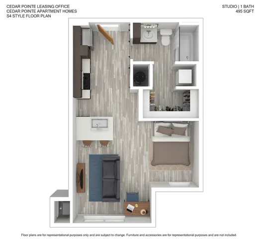 Modern studio apartment floor plan at Cedar Pointe with open-concept layout, featuring a cozy living area, kitchenette with island, and a separate bedroom space within 495 sqft.