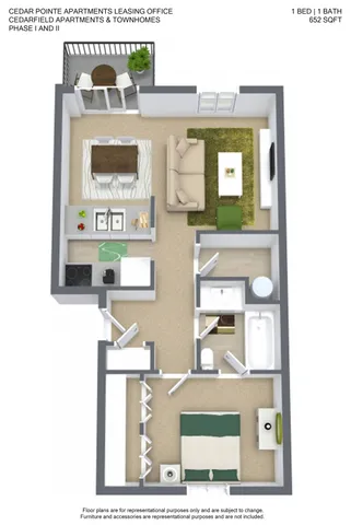 Modern 3D floor plan of Cedarfield Apartments showcasing 1 bedroom, 1 bathroom, an open-concept living and dining area, and a cozy balcony, totaling 652 sqft.