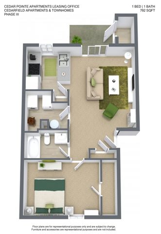 Modern 3D floor plan of Cedarfield Apartments\' 1 bed, 1 bath unit, featuring 792 sq ft of elegantly designed space with a cozy living room and a well-equipped kitchen.