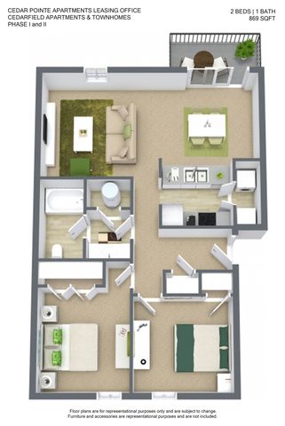 Spacious floor plan of Cedarfield Apartments featuring 2 beds, 1 bath, modern kitchen, and cozy living room, perfect for comfortable living, 869 sq ft.