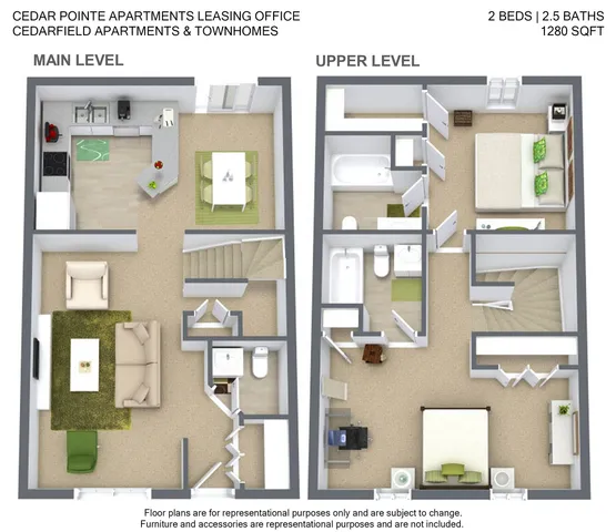Charming 3D floor plan of Cedar Pointe Apartments showcasing a spacious two-level layout with 2 bedrooms, 2.5 baths, open-plan living area, and modern kitchen, across 1280 sqft.