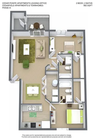 Cedar Pointe Apartments floor plan featuring 2 spacious bedrooms, elegant open-concept living area, modern kitchen, and private patio in 992 sq ft layout.