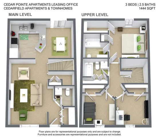 Cedarfield Apartments stylish floor plan showcasing a spacious 3-bedroom, 2.5-bath townhouse with open living and dining areas.