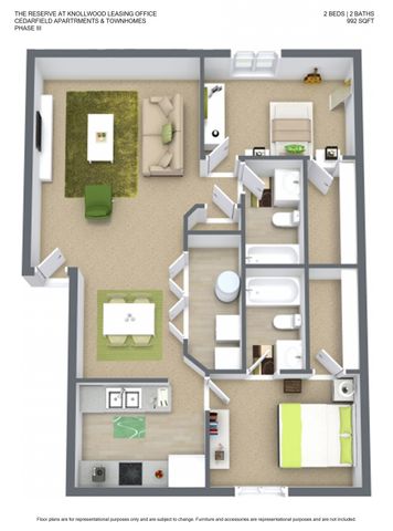 Modern 3D floor plan of Cedarfield Apartments displaying 2 spacious bedrooms, a cozy living room, open kitchen, and 2 bathrooms, totaling 992 square feet.