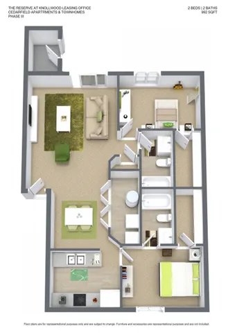 Modern 3D floor plan of Cedarfield Apartments featuring 2 bedrooms, 2 baths, an open living area, and a sleek kitchen in 992 sq ft space.
