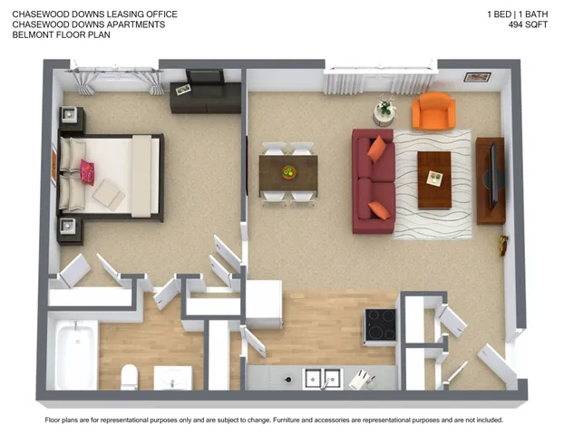 Belmont floor plan featuring a cozy 1 bed, 1 bath layout with open concept living-dining area and modern kitchen, 494 sqft.
