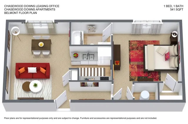 Charming Belmont floor plan at Chasewood Downs Apartments featuring 1 bedroom and 1 bath, with a cozy living area and modern kitchen, 541 sq ft.