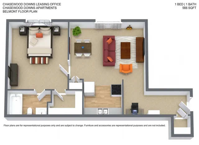 Chasewood Downs Belmont floor plan showcasing 1 bedroom, 1 bath, and a vibrant open-concept living area in 566 sq ft.