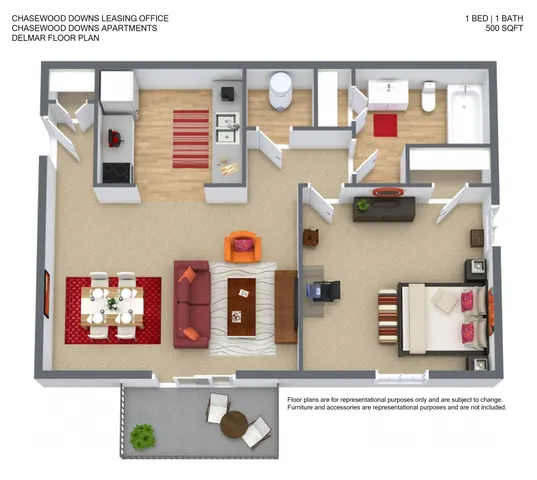 Chasewood Downs Delmar floor plan featuring 1 bed, 1 bath layout with modern kitchen, cozy living area, elegant dining space, and a private balcony, 500 sqft.