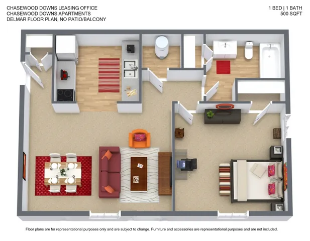Modern 3D floor plan of the Delmar, featuring 1 bedroom, 1 bathroom, open kitchen-living area, and elegant dining space, 500 sqft.