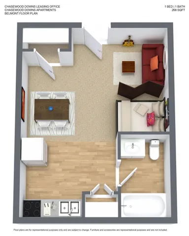 Chasewood Downs Belmont floor plan featuring 1 bedroom, 1 bath, cozy living area, and modern kitchen in 268 sq ft.