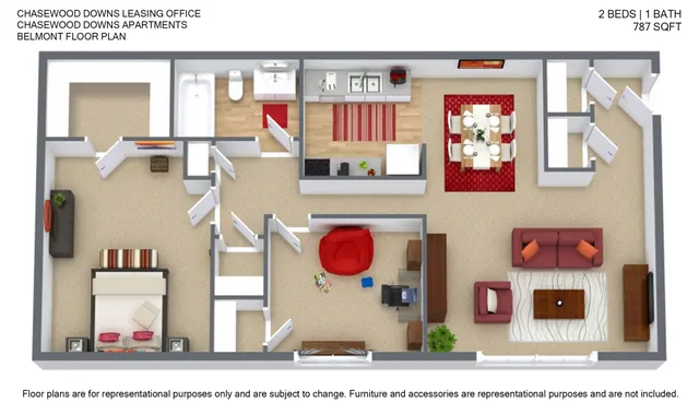 Chasewood Downs Belmont floor plan showcasing a modern 2-bedroom, 1-bath layout with a stylish kitchen and inviting living and dining areas, totaling 787 sq ft.