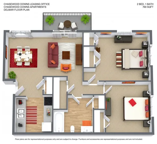 Chasewood Apartments Delmar floor plan featuring a stylish 2 bedroom, 1 bath layout with a spacious living area, dining room, and modern kitchen, all within 790 sq ft complemented by a cozy balcony.