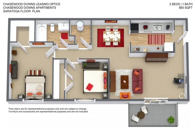 Saratoga floor plan for Chasewood Downs Apartments featuring 2 spacious bedrooms, 1 elegant bathroom, modern kitchen, cozy living area, and inviting balcony, spread across 850 sqft.