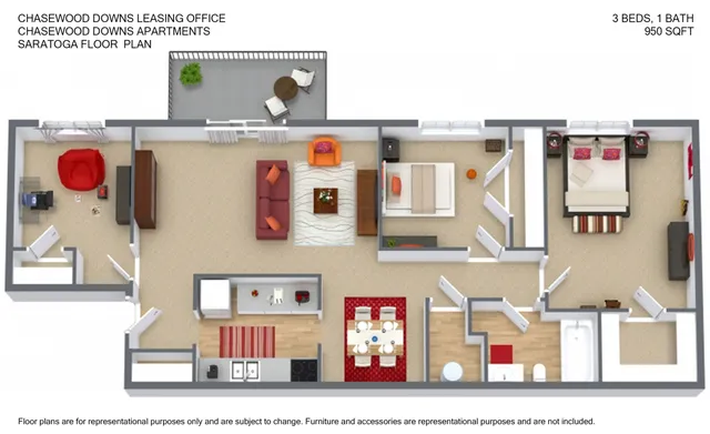 Chasewood Apartments Saratoga floor plan featuring 3 cozy bedrooms, an inviting living area, and a modern kitchen, spread over 950 sq ft.