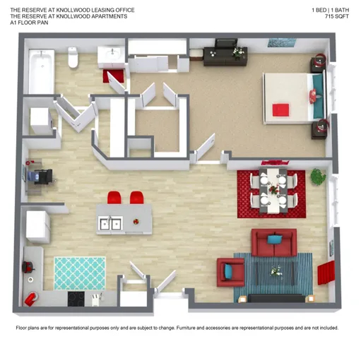 Modern 3D floor plan of The Reserve at Knollwood Apartments featuring 1 bedroom, 1 bathroom, open living and dining area, and stylish kitchen with island, encompassing 715 sq ft.