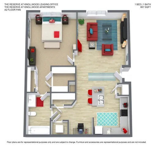 Modern 1-bedroom apartment floor plan featuring an open-concept living space, cozy kitchen, and stylish bathroom in 667 sq ft.