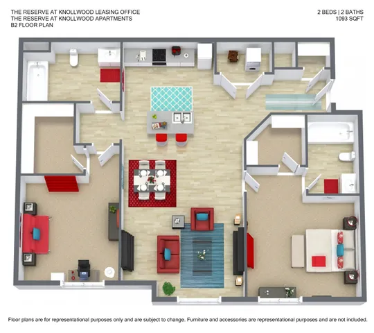 The Reserve at Knollwood B2 floor plan showcasing 2 bedrooms and 2 baths, featuring an open-concept living and dining area with a modern kitchen, covering 1093 sq ft.