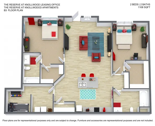 Modern 3D floor plan of The Reserve at Knollwood Apartments featuring 2 spacious bedrooms, 2 bathrooms, an open-concept living and dining area, and a sleek kitchen. Total area of 1108 sq ft, perfectly designed for comfortable living.