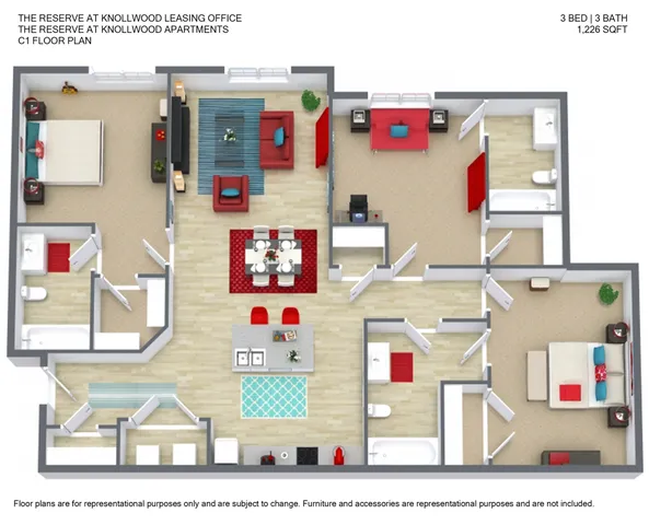 Chic floor plan of The Reserve at Knollwood featuring 3 bedrooms and 3 bathrooms with open living and dining space, modern kitchen, and 1,226 sq ft of elegance.
